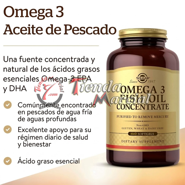 Omega 3 Fish Oil Concentrate Solgar 2000 mg por porción. Apoya la salud del corazón, cerebro, articulaciones y visión. Frasco con 120 softgels importado de USA.