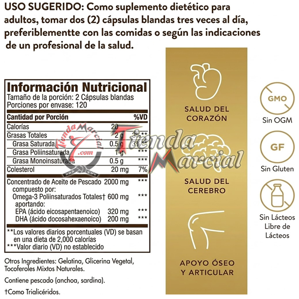 Omega 3 Fish Oil Concentrate Solgar 2000 mg por porción. Apoya la salud del corazón, cerebro, articulaciones y visión. Frasco con 120 softgels importado de USA.