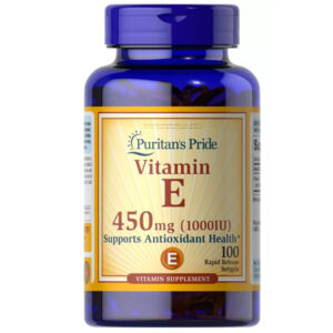 Vitamina E 450 mg Puritan’s Pride original de USA. Potente antioxidante que ayuda a la piel, cabello, sistema inmune y salud cardiovascular. Frasco con 100 cápsulas.