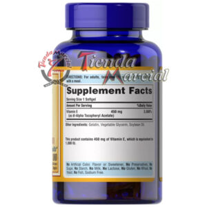Vitamina E 450 mg Puritan’s Pride original de USA. Potente antioxidante que ayuda a la piel, cabello, sistema inmune y salud cardiovascular. Frasco con 100 cápsulas.