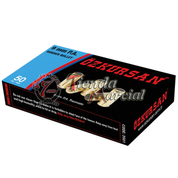 Munición para Pistola traumática Ozkursan. Caja de 50 cartuchos. Ideal para defensa disuasiva y entrenamiento.