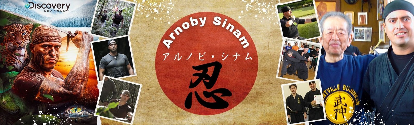 Banner institucional de Arnoby Sinam Alba con imágenes de entrenamiento en Japón, participación en Discovery Channel Colombia, Ninjutsu, Bujinkan y artes marciales tradicionales japonesas.