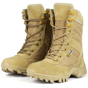 Botas ALPHA Cuero Beige: durabilidad y estilo para uso militar, airsoft o casual. 100% cuero hidrofugado, suela antideslizante, cremallera lateral.