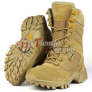 Botas ALPHA Cuero Beige: durabilidad y estilo para uso militar, airsoft o casual. 100% cuero hidrofugado, suela antideslizante, cremallera lateral.