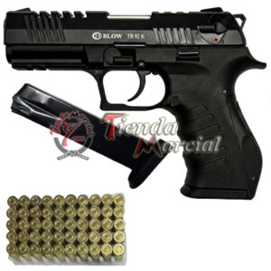 Pistola Traumática Blow TR92K Negra 9mm P.A.K con 2 proveedores y 50 cartuchos incluidos. Pistola semiautomática ideal para defensa personal disuasiva, fabricada en Turquía con estructura full metal y alta durabilidad.