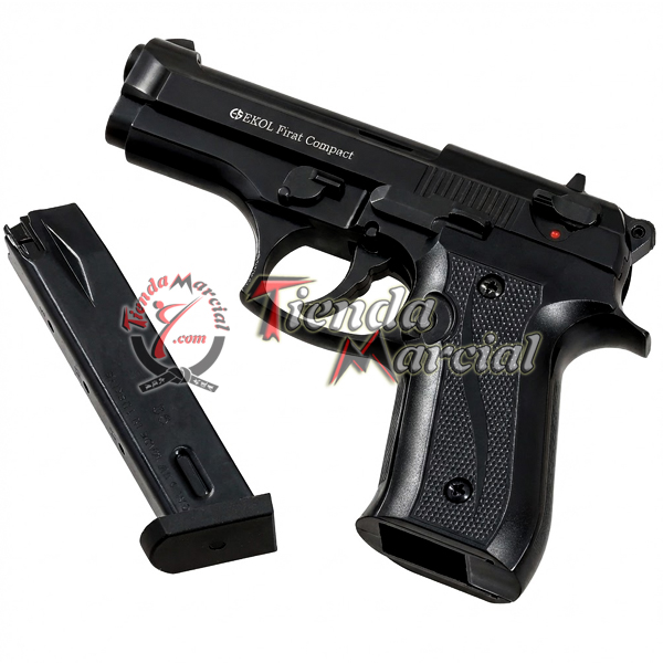 Pistola traumática Ekol Firat Compact negra 9 mm P.A.K. Compacta, metálica, 15 disparos. Ideal para defensa disuasiva y entrenamiento.