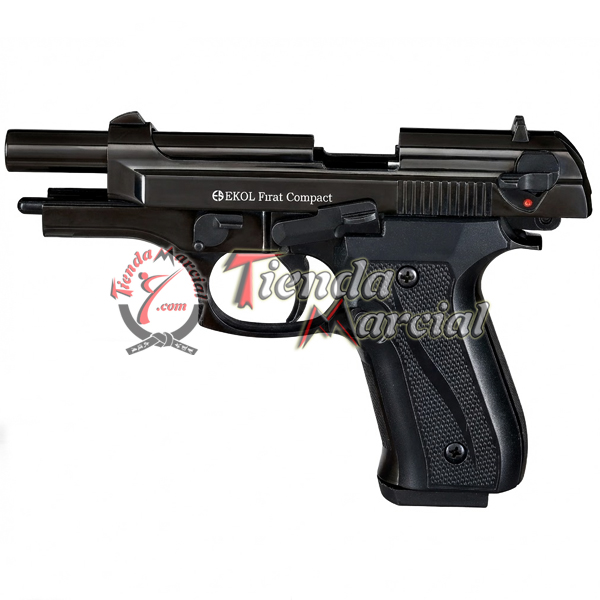 Pistola traumática Ekol Firat Compact negra 9 mm P.A.K. Compacta, metálica, 15 disparos. Ideal para defensa disuasiva y entrenamiento.