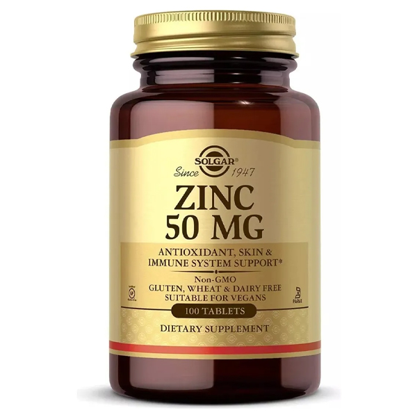 Zinc 50 mg Solgar original. Suplemento mineral que fortalece el sistema inmunológico, apoya la piel, visión y bienestar general. Frasco con 100 tabletas.