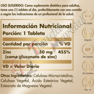 Zinc 50 mg Solgar original. Suplemento mineral que fortalece el sistema inmunológico, apoya la piel, visión y bienestar general. Frasco con 100 tabletas.