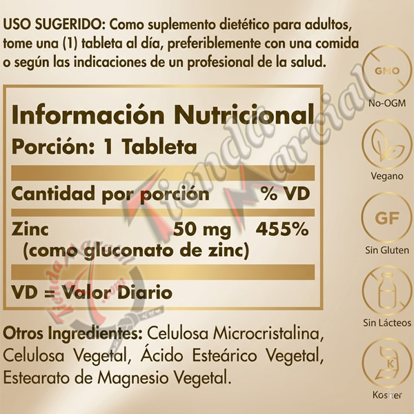 Zinc 50 mg Solgar original. Suplemento mineral que fortalece el sistema inmunológico, apoya la piel, visión y bienestar general. Frasco con 100 tabletas.