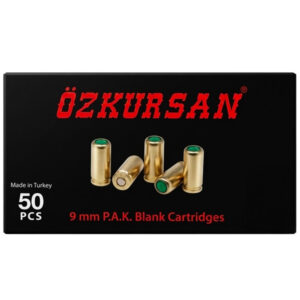 Munición de fogueo Ozkursan 9mm caja x50. Cartuchos de alta calidad para entrenamiento, simulación y uso recreativo con detonación realista y funcionamiento confiable.
