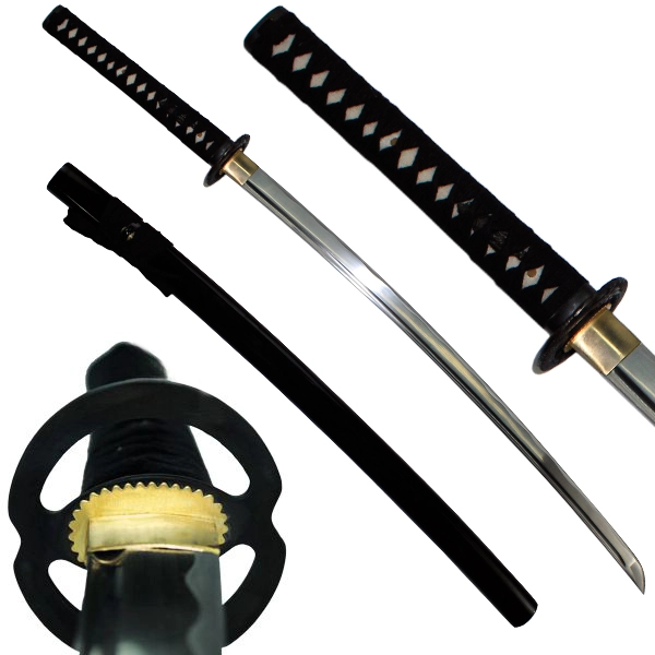 Katana Kuro Samurai funcional 1045, vista completa con saya, tsuka y tsuba negras