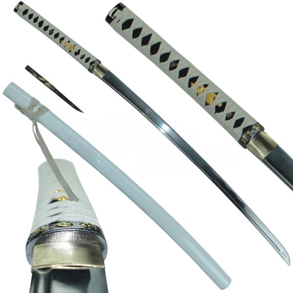 Katana Shiro Zetsurin - Funcional 1045 completa con saya blanca y empuñadura en ito blanco