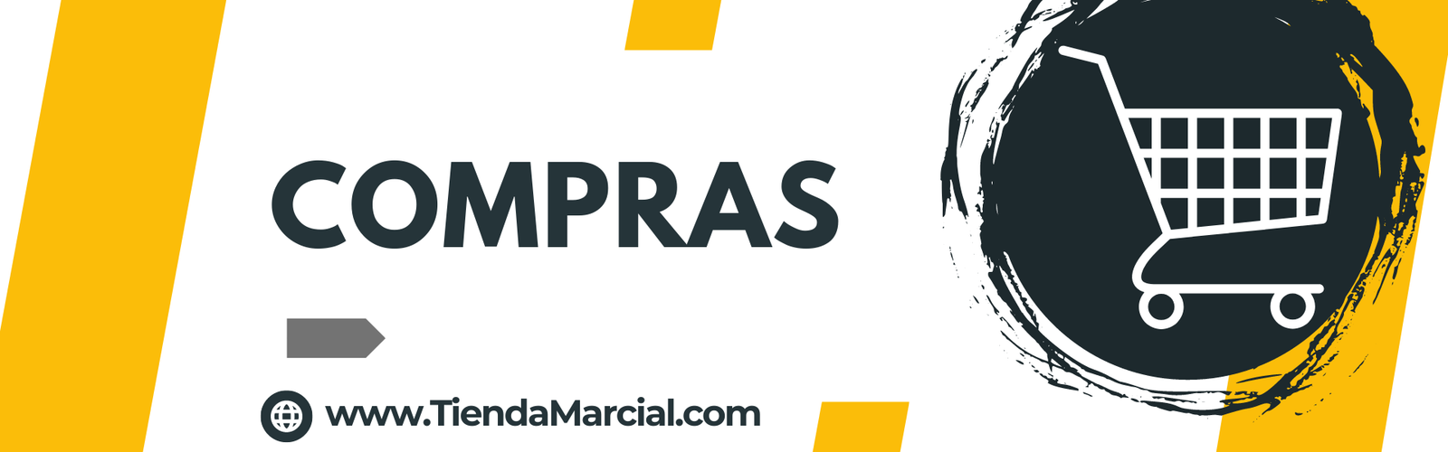 Banner de compras de Tienda Marcial Colombia con icono de carrito de compras y acceso a la tienda online de artículos para artes marciales, defensa personal y cultura japonesa.