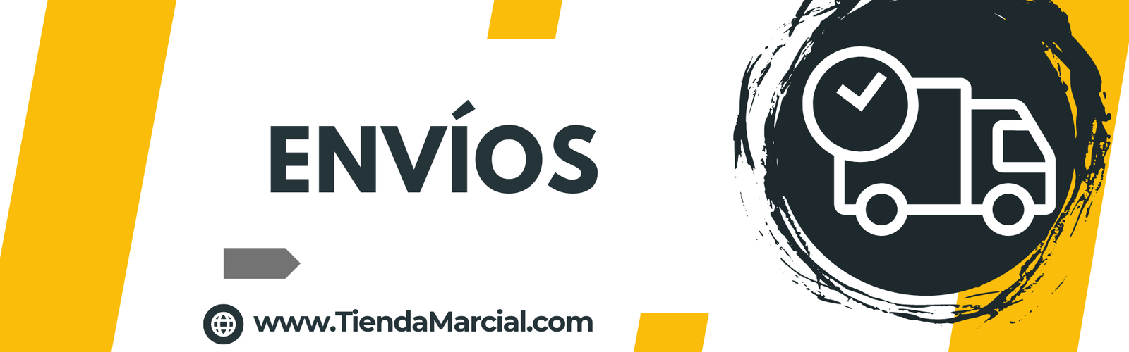Banner de envíos de Tienda Marcial Colombia con icono de camión de transporte y entrega segura de productos de artes marciales, defensa personal y cultura japonesa en Colombia.