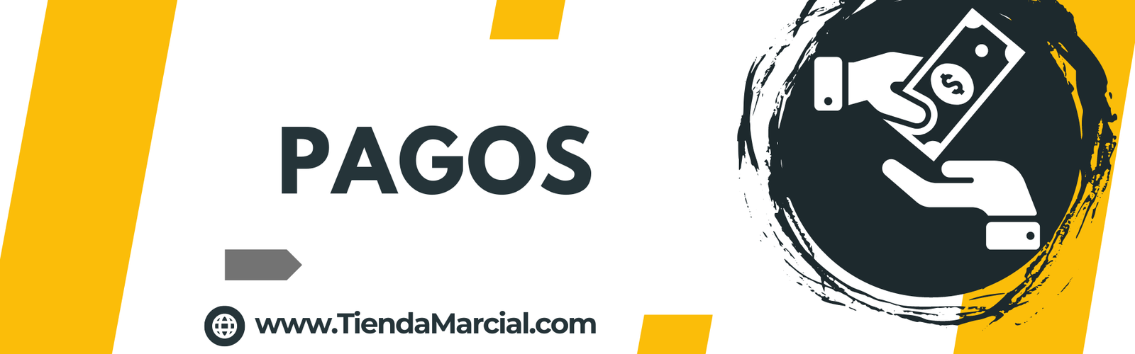 Banner de pagos de Tienda Marcial Colombia con icono de transferencia de dinero y acceso a métodos de pago seguros para compras de artículos de artes marciales y defensa personal.