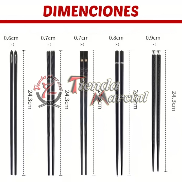 Dimensiones de los 5 pares de palillos hashi Ôhashi: grosor de 0,6 a 0,9 cms, 24,3 cms de longitud