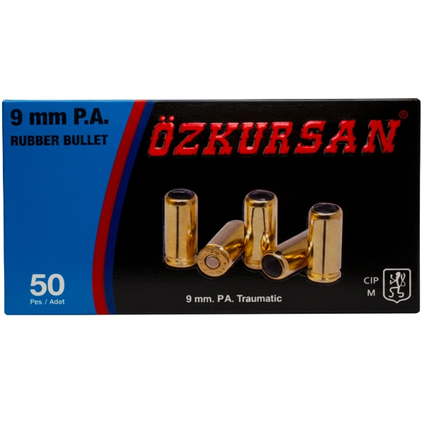 Munición traumática Ozkursan calibre 9 mm P.A. Rubber Bullet en caja de 50 cartuchos para pistolas traumáticas de defensa personal en Colombia.