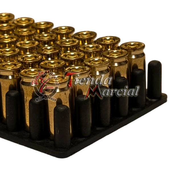 Detalle de los cartuchos de munición traumática Ozkursan calibre 9 mm P.A. Rubber Bullet para pistolas traumáticas y defensa personal en Colombia.