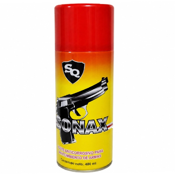 Aceite anticorrosivo SONAX en aerosol de 400 ml para mantenimiento de armas de fuego.