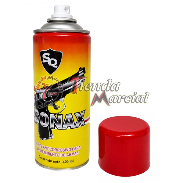 Aceite SONAX con la tapa retirada, mostrando la boquilla de aplicación en aerosol.