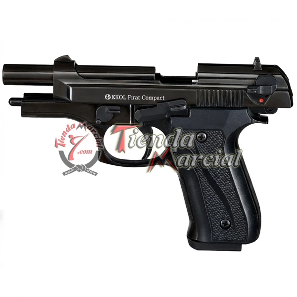 Pistola traumática Ekol Firat Compact negra 9mm P.A.K., vista de perfil con boca del cañón elevada - Tienda Marcial Colombia