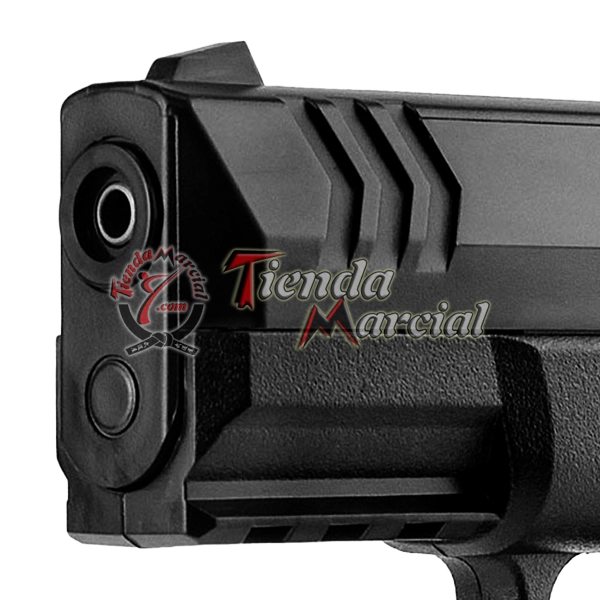 Detalle del cañón de la pistola de gas Umarex XBG CO2 calibre 4.5 mm para balines de acero, mostrando la boca del cañón y el diseño frontal.
