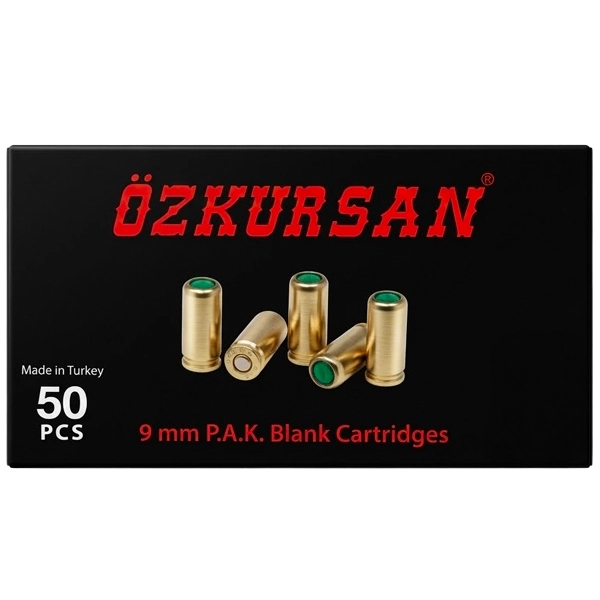 Munición de fogueo Ozkursan 9 mm P.A.K. caja por 50 cartuchos de salva para pistolas traumáticas y entrenamiento en Colombia.