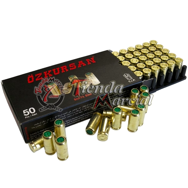 Caja abierta de munición de fogueo Ozkursan calibre 9 mm P.A.K. con 50 cartuchos de salva para pistolas traumáticas y entrenamiento en Colombia.