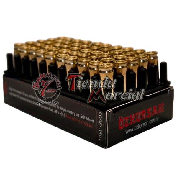 Munición de fogueo Ozkursan calibre 9 mm P.A.K. en caja de 50 cartuchos de salva para pistolas traumáticas, entrenamiento y simulación en Colombia.