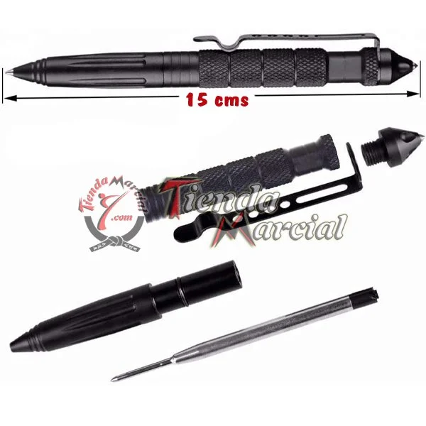 Bolígrafo Táctico Militar color negro desarmado mostrando sus piezas: cuerpo, clip y punta de tungsteno