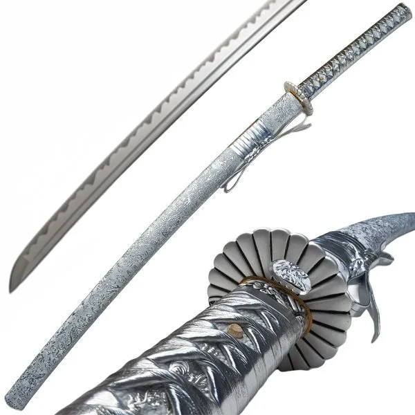 Katana Inazuma - Funcional 1060 completa con saya y tsuba en acabado plateado