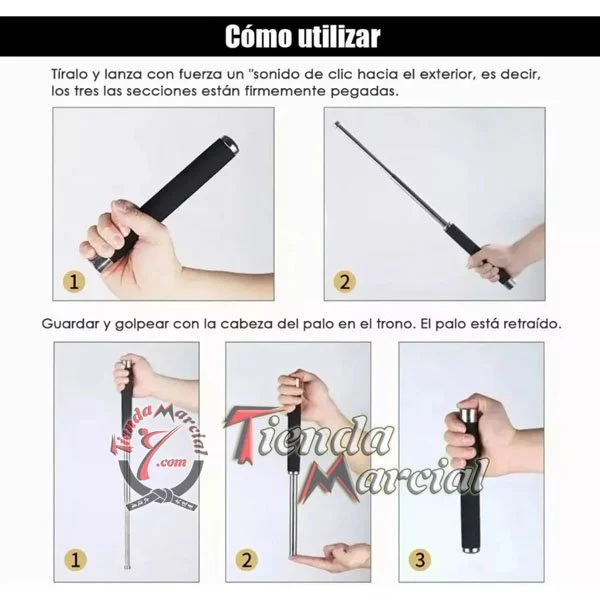 Bastón Tambô extendible 56 cms para defensa personal, eje de acero y empuñadura de goma antideslizante