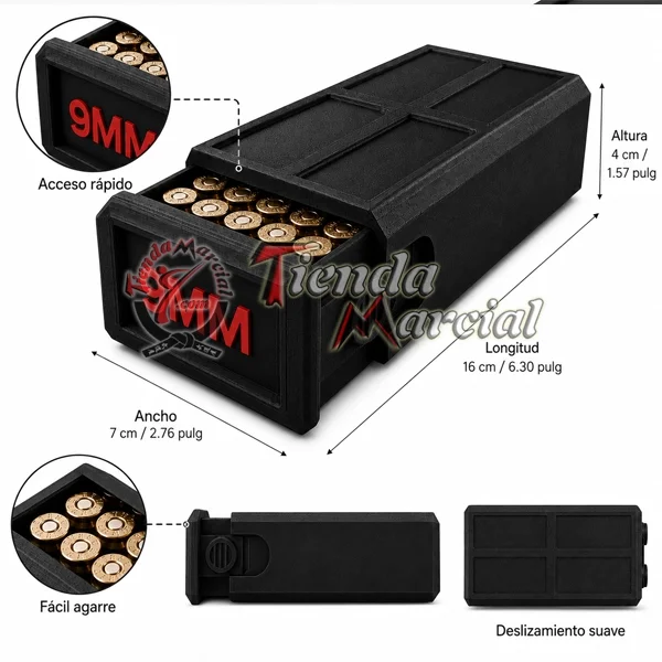 Caja para munición 9mm X50 para almacenamiento y transporte de cartuchos, organizador plástico Colombia