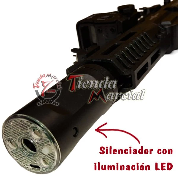 Silenciador con iluminación LED montado en el cañón del Fusil Hidrogel ARP9