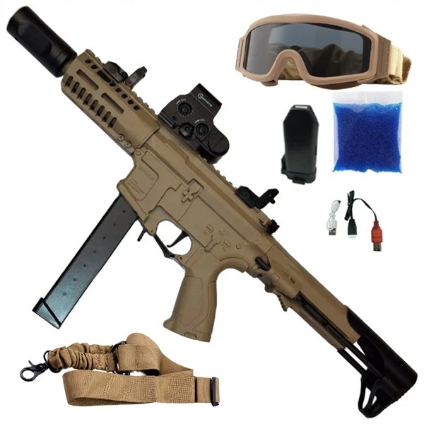 Fusil Hidrogel Automático ARP9 TAN, réplica airsoft compacta CQB, 260 FPS, motor 480, hidrogel - kit completo con gafas, batería y bolsa de bolitas de hidrogel