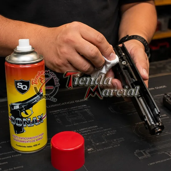Persona aplicando el aceite SONAX durante la limpieza y mantenimiento de un arma de fuego.