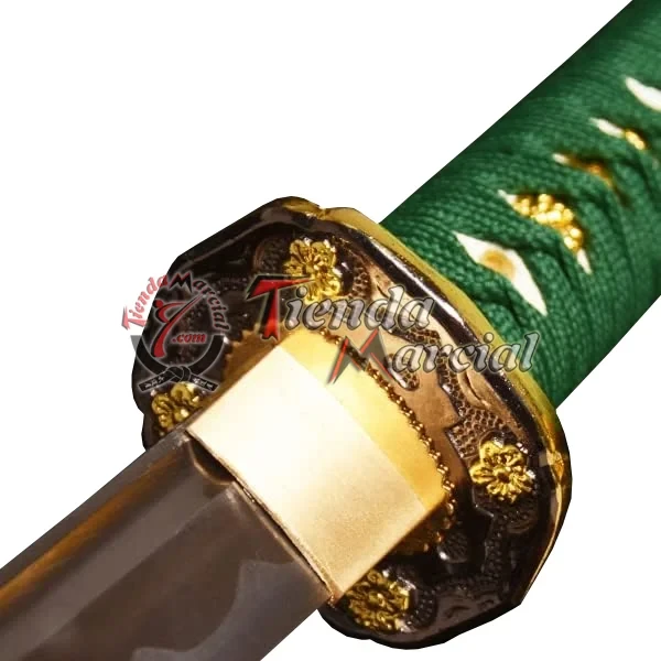 Katana Haruka, detalle de la tsuba dorada y el habaki en acero al carbono 1095