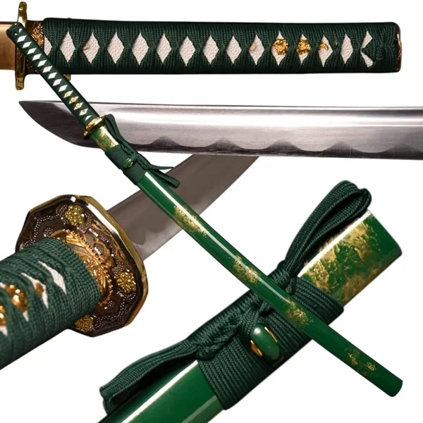 Katana Haruka funcional 1095, detalle de tsuka, tsuba y saya con sageo verde