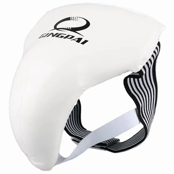 Protector genital masculino en cuero sintético PU blanco, vista general de la coquilla.