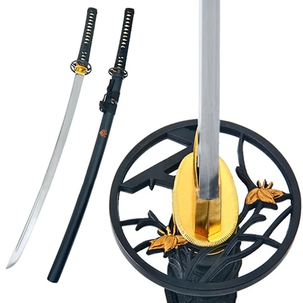 Katana Go Shichi no Kiri funcional en acero 1045, vista completa con saya negro mate y tsuba de paulownia
