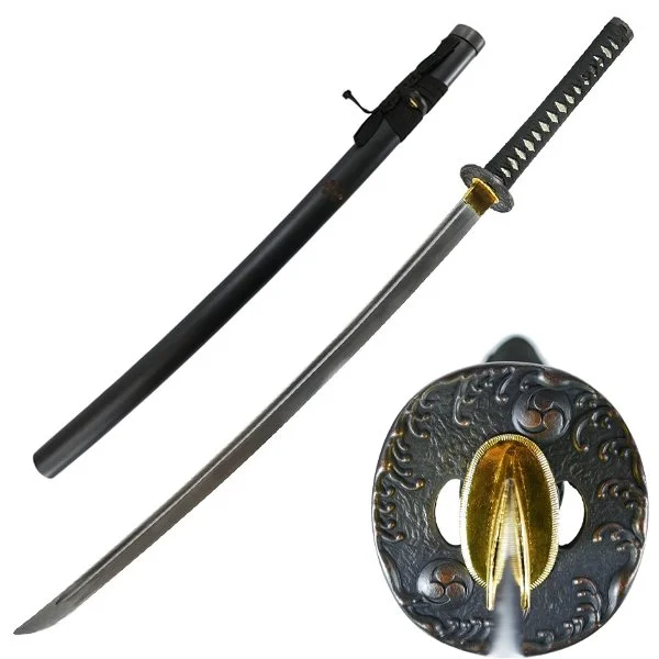 Katana Go Mitsu Tomoe funcional en acero 1045, vista completa con saya negro mate y tsuba de olas y Tomoe