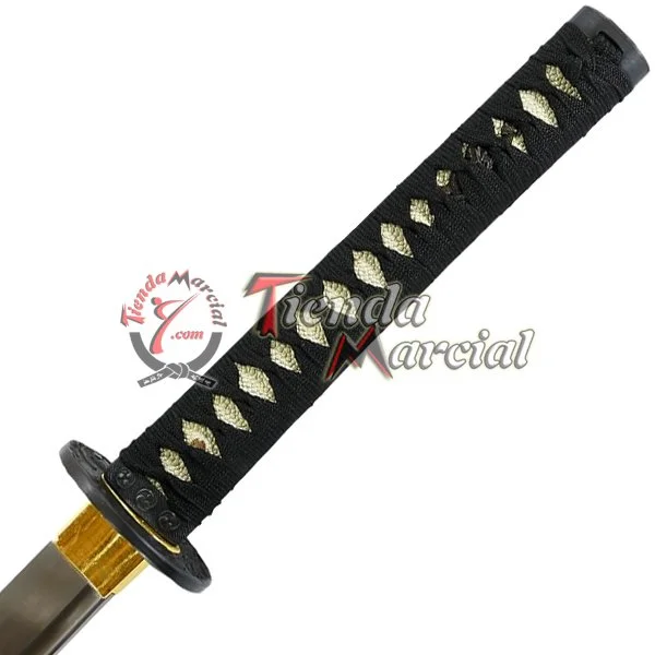 Katana Go Mitsu Tomoe, tsuka envuelta en ito negro con habaki de latón y tsuba de acero negro