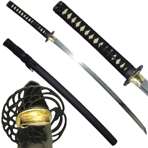 Katana Kuro Tsuru funcional en acero 1045, vista completa con saya negro brillante, tsuka con ito negro y tsuba de grulla