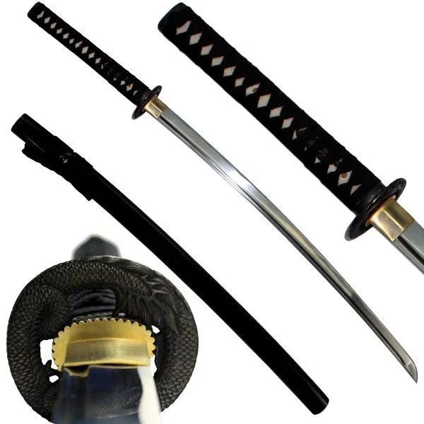 Katana Kokuryū funcional en acero 1045, vista completa con saya negro mate y tsuba de dragón