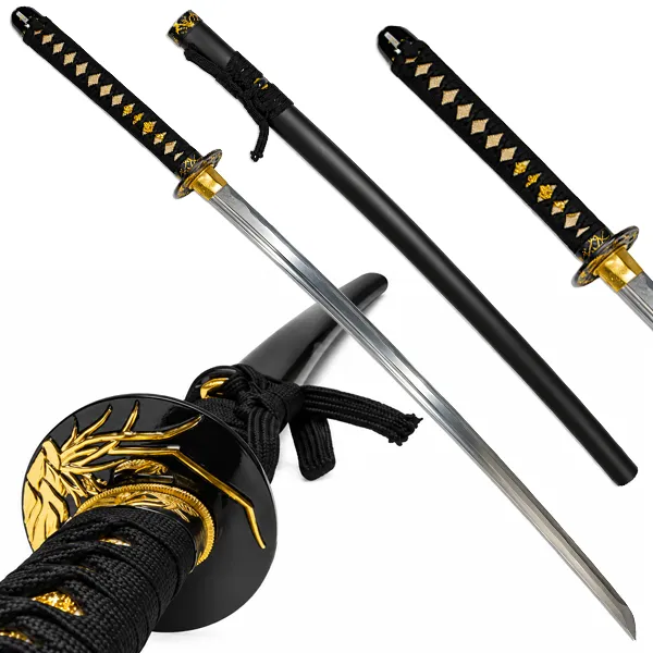 Katana Kin Ran funcional en acero al carbono 1045, hoja desenfundada junto a la saya negra mate y detalle de la tsuba con orquídea dorada.