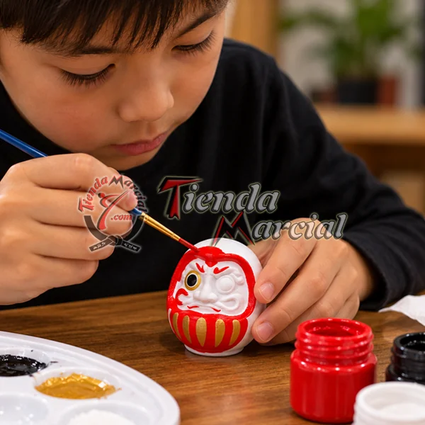 Niño pintando un muñeco daruma como manualidad