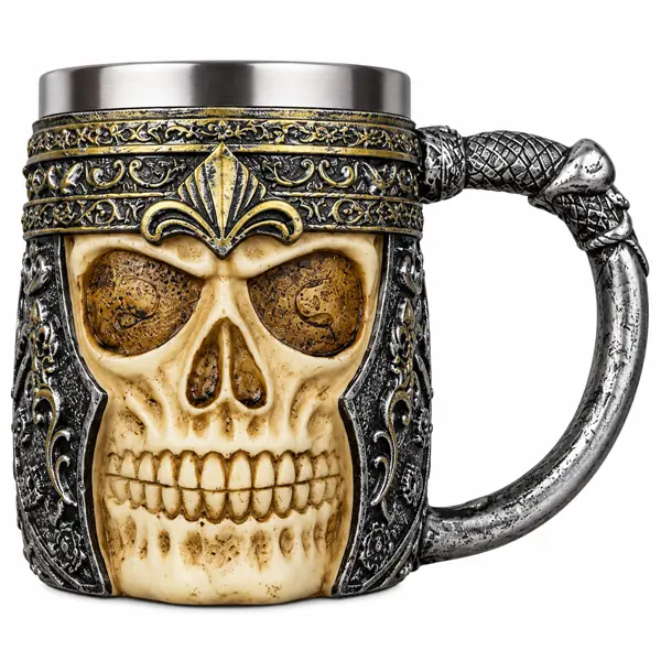 Mug calavera caballero medieval con yelmo y corona de flor de lis - vista frontal