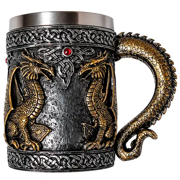 Mug dragones celtas con dos dragones dorados en relieve 3D - vista frontal