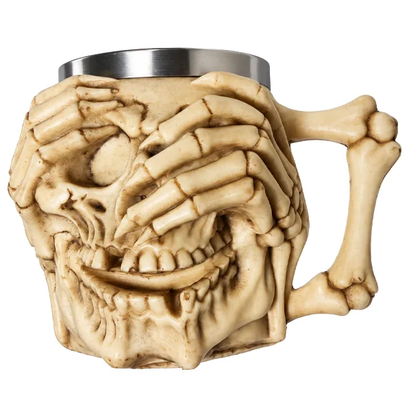 Mug calavera Mizaru que se tapa los ojos con manos de hueso - vista frontal